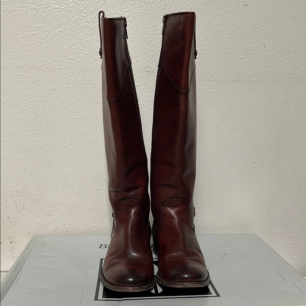 FRYE MELISSA BUTTON INSIDE ZIP COGNAC DISTRESSED LEATHER RIDING BOOT - Picture 3 of 10